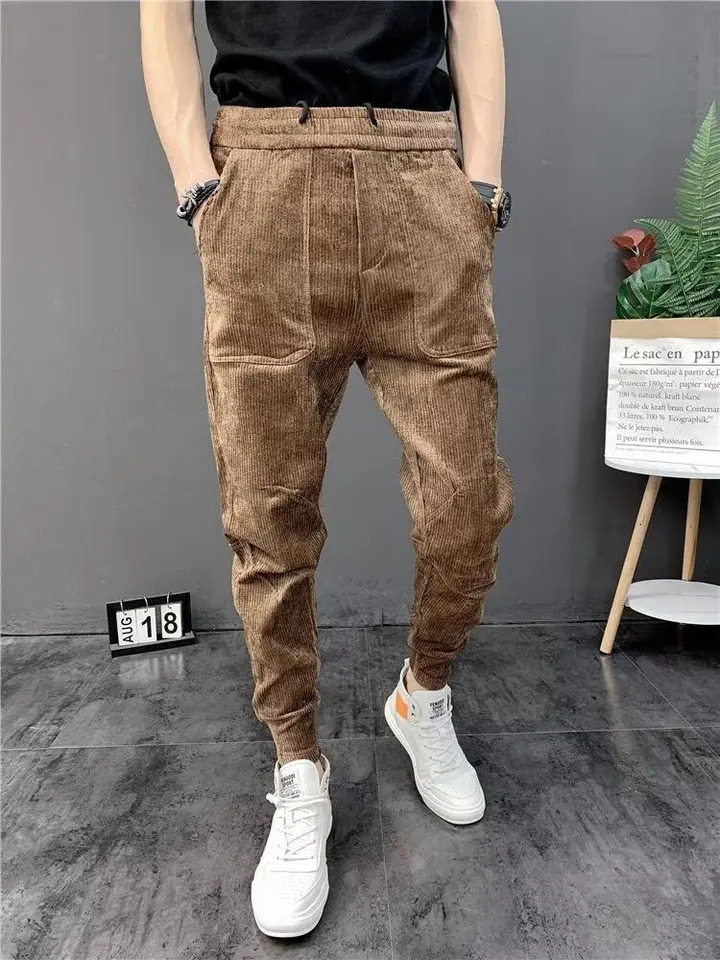 Wool lined mens sports pants Corduroy Slim casual Trouser harem pants fashionable multi pocket rib leg jogging pants y2k pants 241017