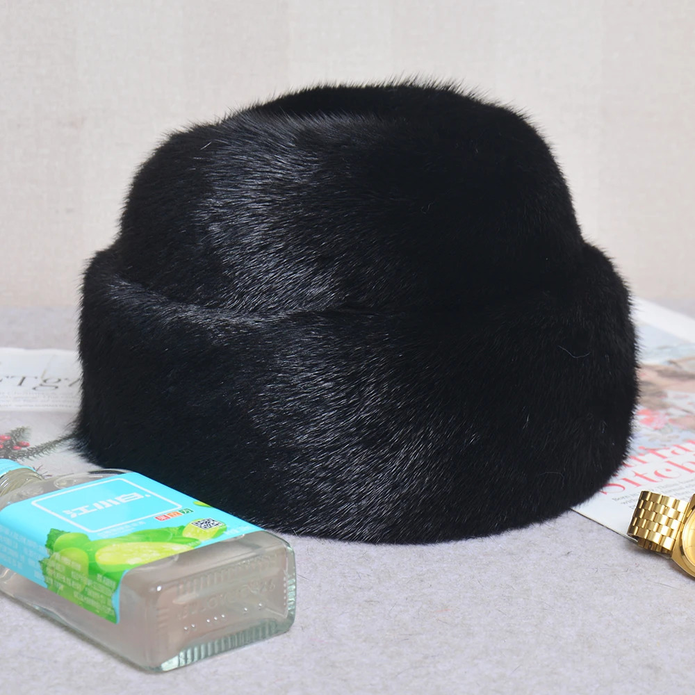 Men Mink Fur Hat Fashion Mens Real Mink Fur Cap Winter Warm Top Hat Headgear Beanie Beret Natural Real Mink Fur Cap For Men 241009