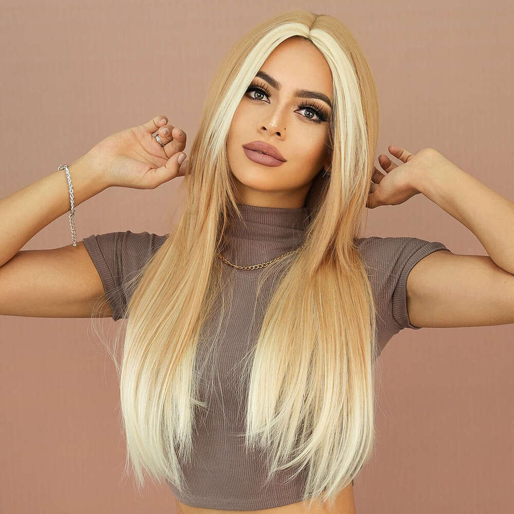 Ladies' Fashion Skunk Striped Milk Tea Gilded Layer Second Length Straight Hair Crossdye Gold Fiber Mechanism Wig