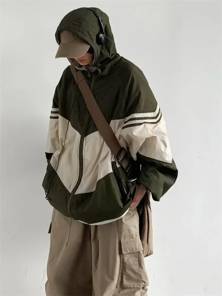 QWEEK Y2K Gorpcore hooded jacket womens Japanese style retro quick drying green jacket oversized Harajuku retro thin brown top 241017