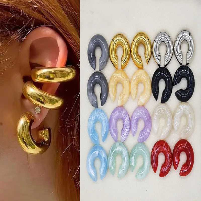 Smooth colored circular ear clip earrings suitable for women simple C-shAPed resin non perforated fake ear cuff jewelry W241017