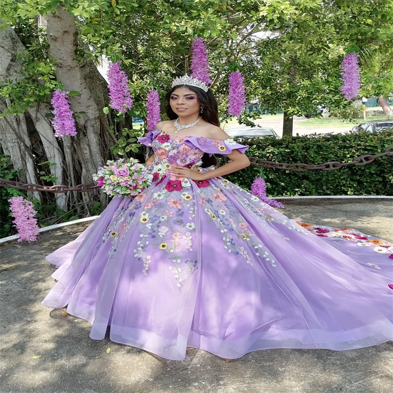 Beautiful Lilac Quinceanera Dresses Off Shoulders Colorful Flowers Princess Vestido De 15 Anos Debutante Charro Sweet 16 Dress Party Birthday Formal P