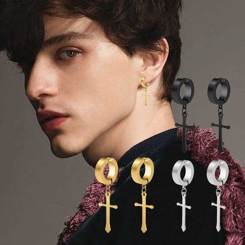 Crosses Dangle Ear Clip Mens and Womens False Earrings Stainless Steel Clip on Earrings W241017