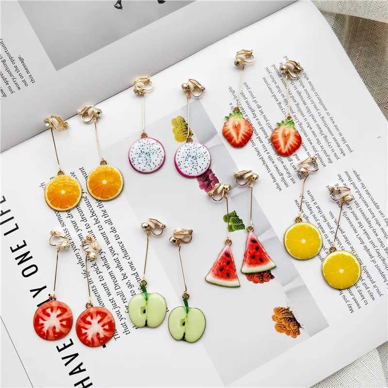 Watermelon Strawberry Fruit Long Pendant Clip Earrings Suitable for Women Holiday Girls No Ear Holes Party Jewelry No Piercing W241017