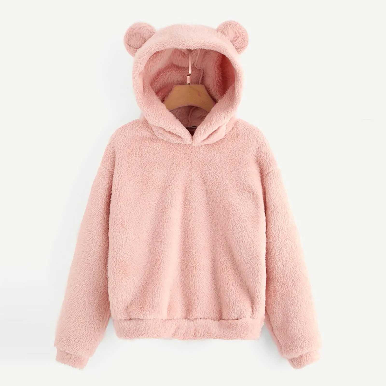 Womens Pullover Long Sleeve Fleece Sweatshirt Warm Bear Shape Fuzzy Hoodie Sweater PulloverX241016