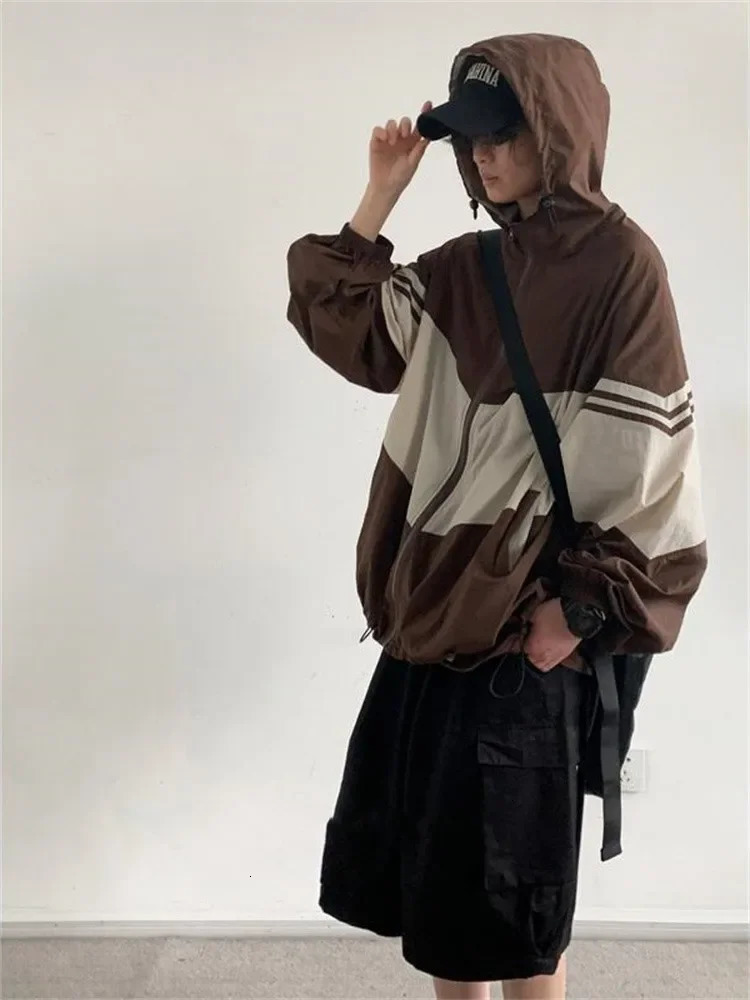 QWEEK Y2K Gorpcore hooded jacket womens Japanese style retro quick drying green jacket oversized Harajuku retro thin brown top 241017