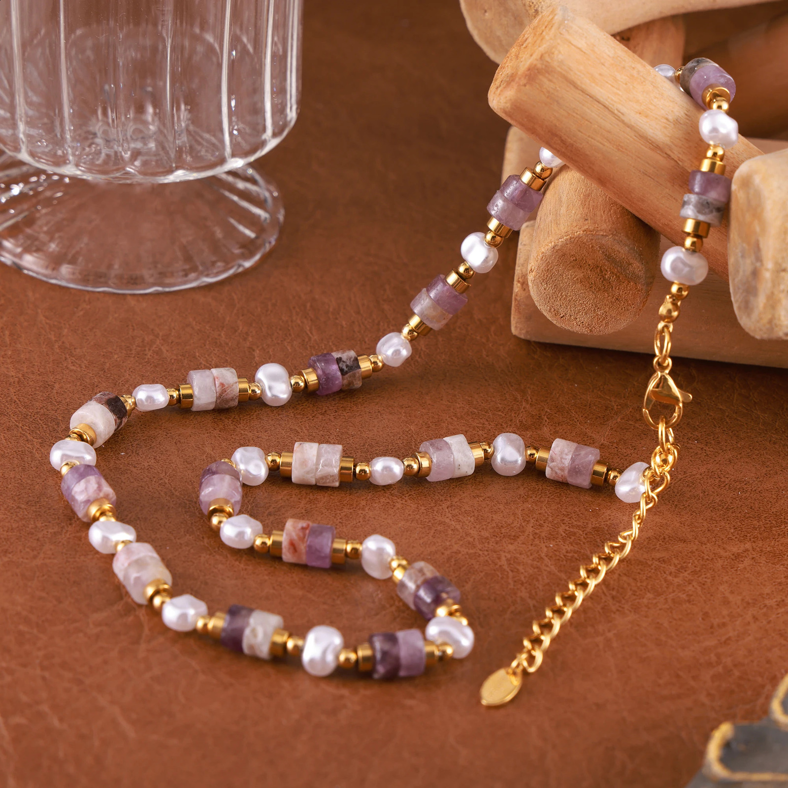 Bohemian amethyst necklace womens stainless steel bead chain s pearls womens necklace charm jewelry 241017