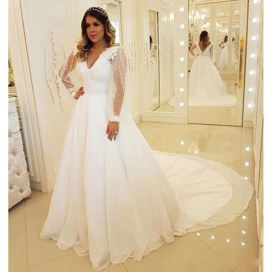 Boho White Summer Cheap Dresses Poet Sheer Long Sleeves V Neck With Appliques Pearls Bridal Garden Beach Wedding Gowns