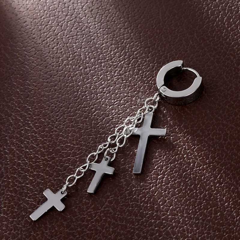 Kiss Jewelry Punk Titanium Steel 3 Cross Tassel Drip Earclip Stud Earnail Mens Silver Black Gothic Perforated Earring W241017