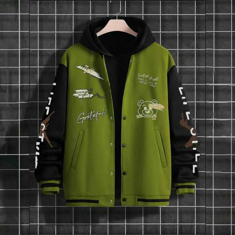 Mens baseball jacket High Street Fashion mens loose casual jacket wool insulated spring and autumn hooded sweatshirt M241017