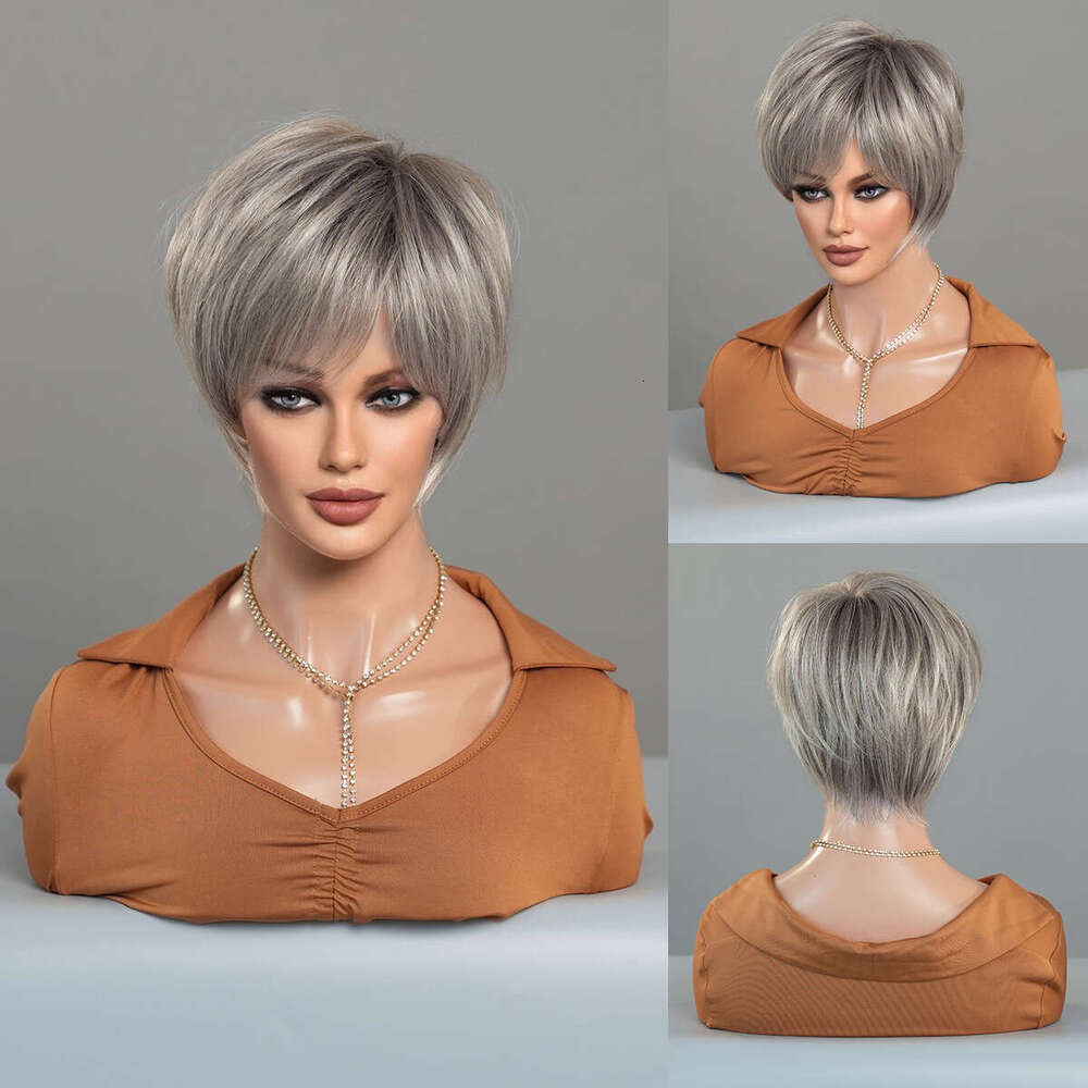 Female Straight With Slanted Bangs, Champagne Gold Elf Short Hair Wig, Synthetic Full Head Cover, Short Wigs
