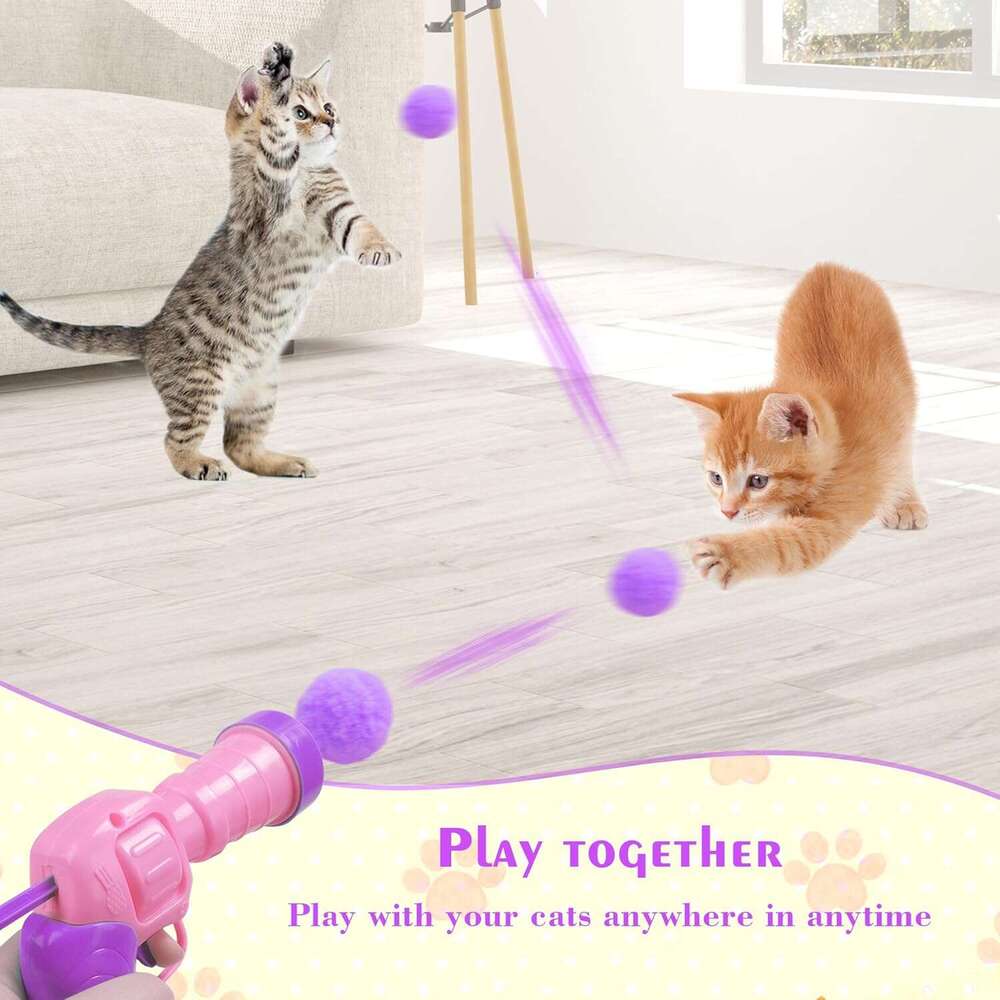 Mewlmart Interactive Kitty Indoor Pom Toy Plush Ball Launcher for Cats Puff Cat Enrichment Toys 30 Balls