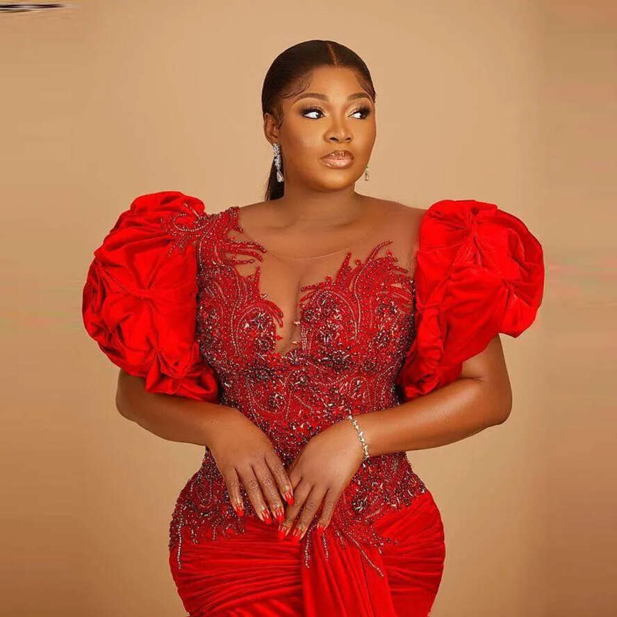 Dresses Red Veet Prom Wth Puffy Sleeves Sheer Neck Appliques Beafs African Women Aso Ebi Evening Dress Plus Size Vestidos Pro343