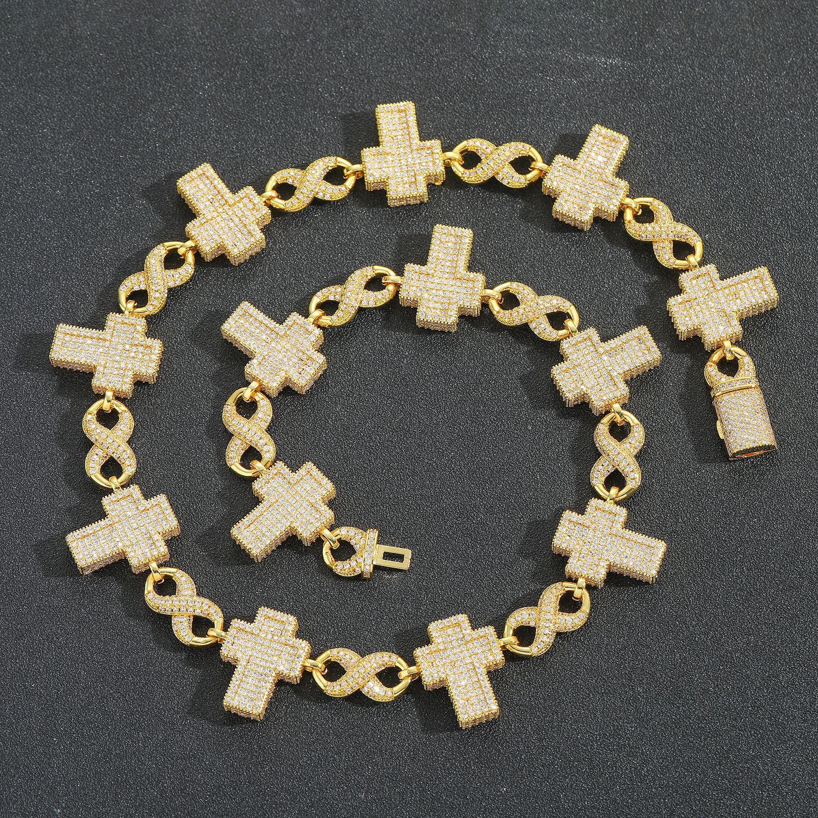 15mm Cross Infinite Chain Cuban Chain Necklace Bracelet 18K Gold Plated Jewelry