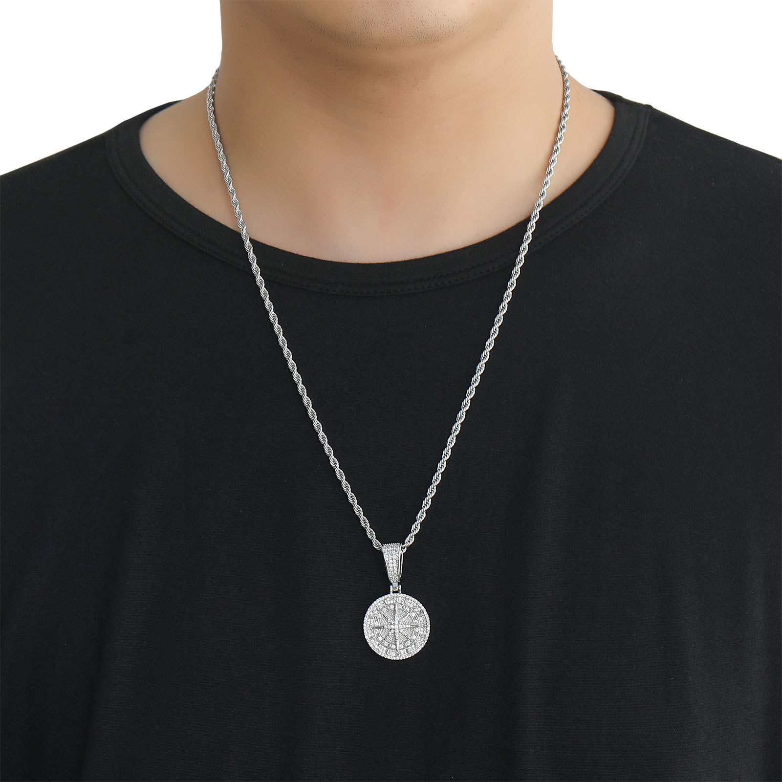 Hip Hop Compass Pendant Necklace Full 5A Zircon Men Women Couple Jewelry Gift
