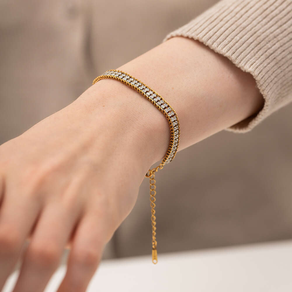 Double Layer Stainless Inlaid Square Zircon gold bracelet For Women Design Waterproof Jewelry Vacation Gift links link bracelets