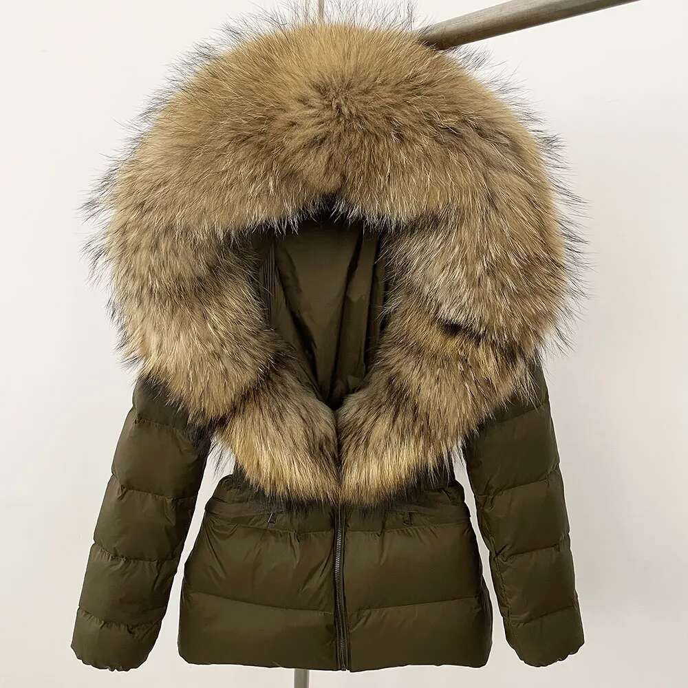 Natural Real Raccoon Fox Fur Collar Jacket 2024 Winter Women Hooded White Duck Down Coat Belt Thick Warm Casual Outerwear
