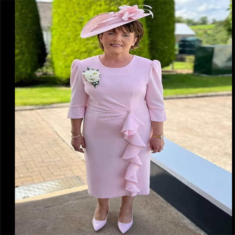 Chic Pink Mother Of The Bride Dress With Sleeves Elegant O Neck Beaded Tea Length Wedding Guest Dress Chiffon Short Evening Groom Mom Birthday Party W