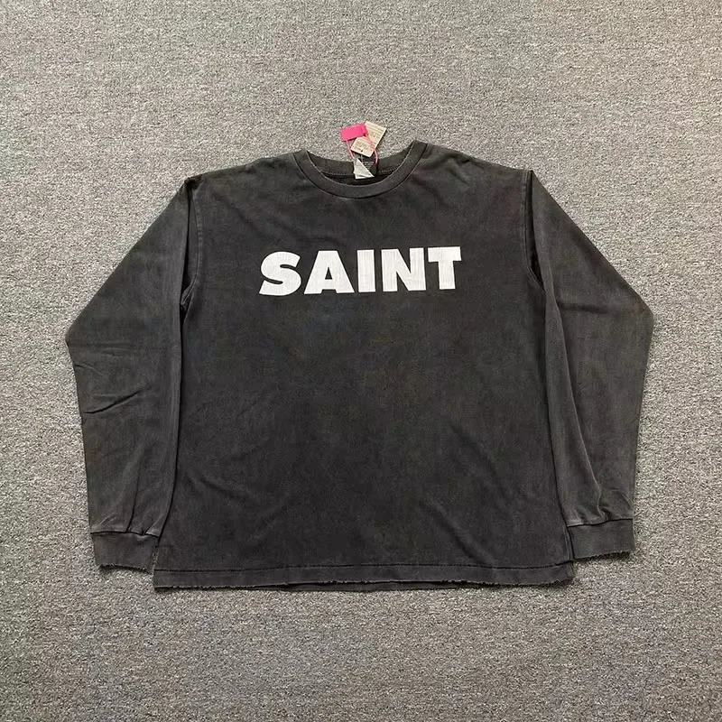 Casual Washed Saint Long Sleeve Tee Men Woman 1 fw Quality Vintage Letter Printing Damaged High Street Top 241016