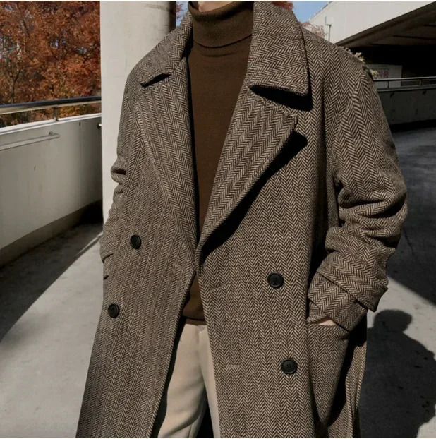 Mens winter woolen coat Korean version of the trend herringbone pattern in long thick lapel size 2XL 241017