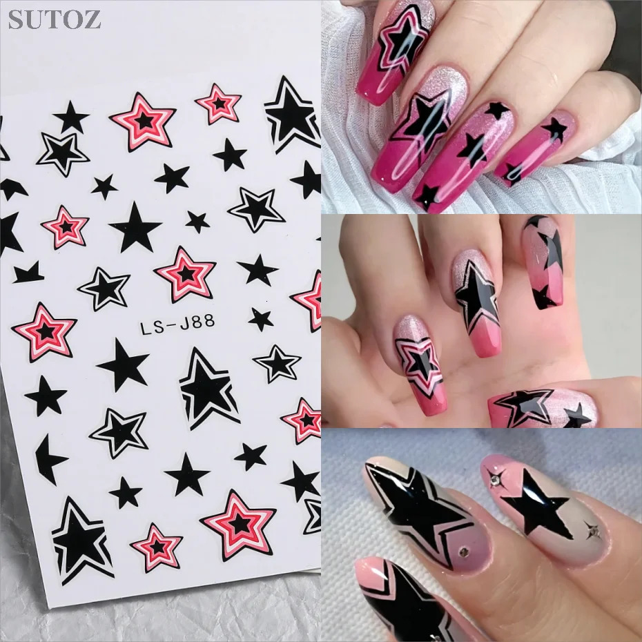 3D Stars Nail Art Stickers Summer Pink Black Irregularly Star Decals Y2K Sweet Cool Style DIY Manicure Decorations LS-J88 241007