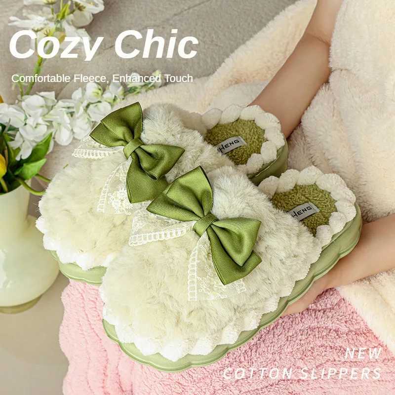Soft Bow Winter Womens Slippers Home Cotton Shoes EVA Artificial Plush Fur 4cm Thick Platform Womens SandalsCL241017