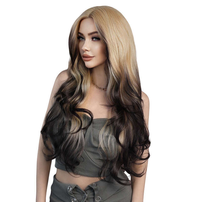 Siamese Cat Gold Gradient T-Shaped Lace Wig, Fashionable Synthetic Full Head Cover, Wavy Long Curly Hair