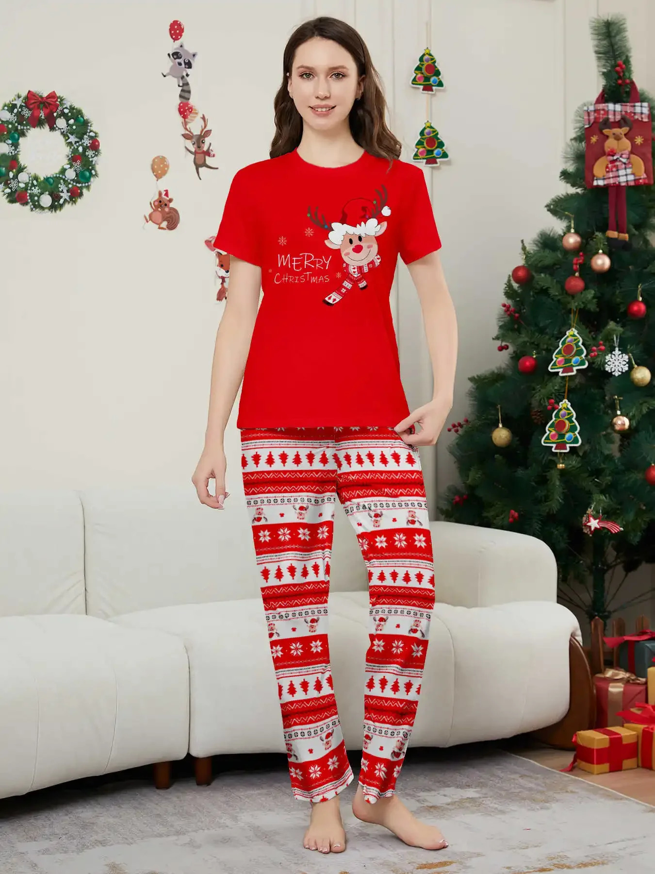 Xmas Family Look Pyjamas Cartoon Print Short Sleeve TShirtTrousers 2pcs Loungewear Christmas Matching Pajamas Set Baby Romper 241017