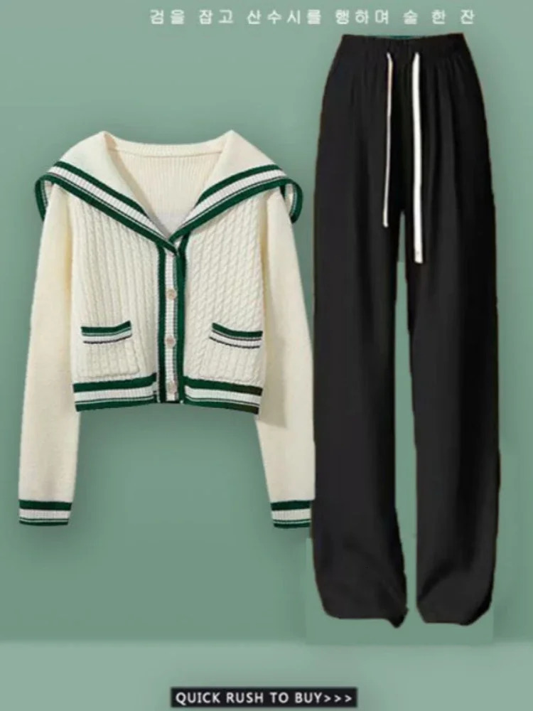 Knitted spring preparatory style sailor neck womens knitted cardigan elastic wide leg pants long sleeved Korean sportswear set 241017