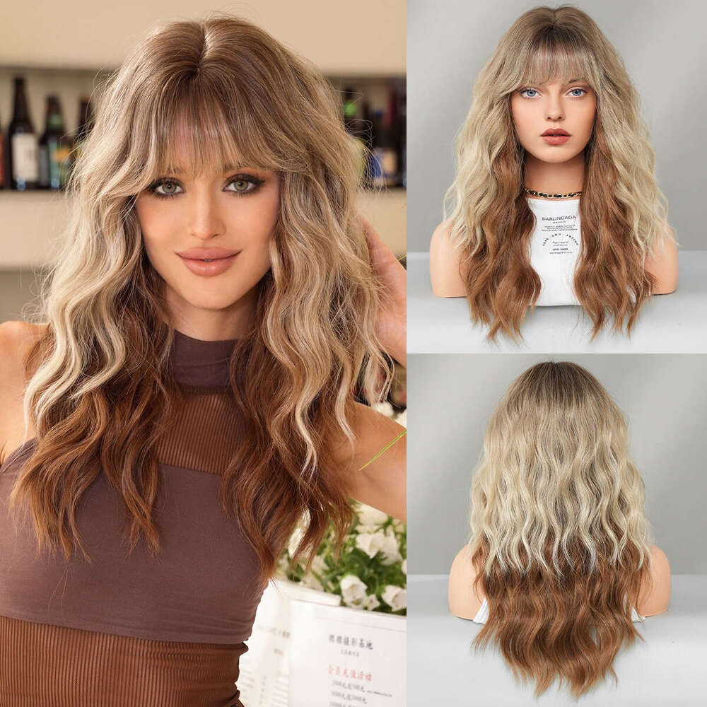 Women's Long Curly Hair, Beige, Dyed Brown, Fashionable Wig, Fluffy Natural Wig Set For Girls