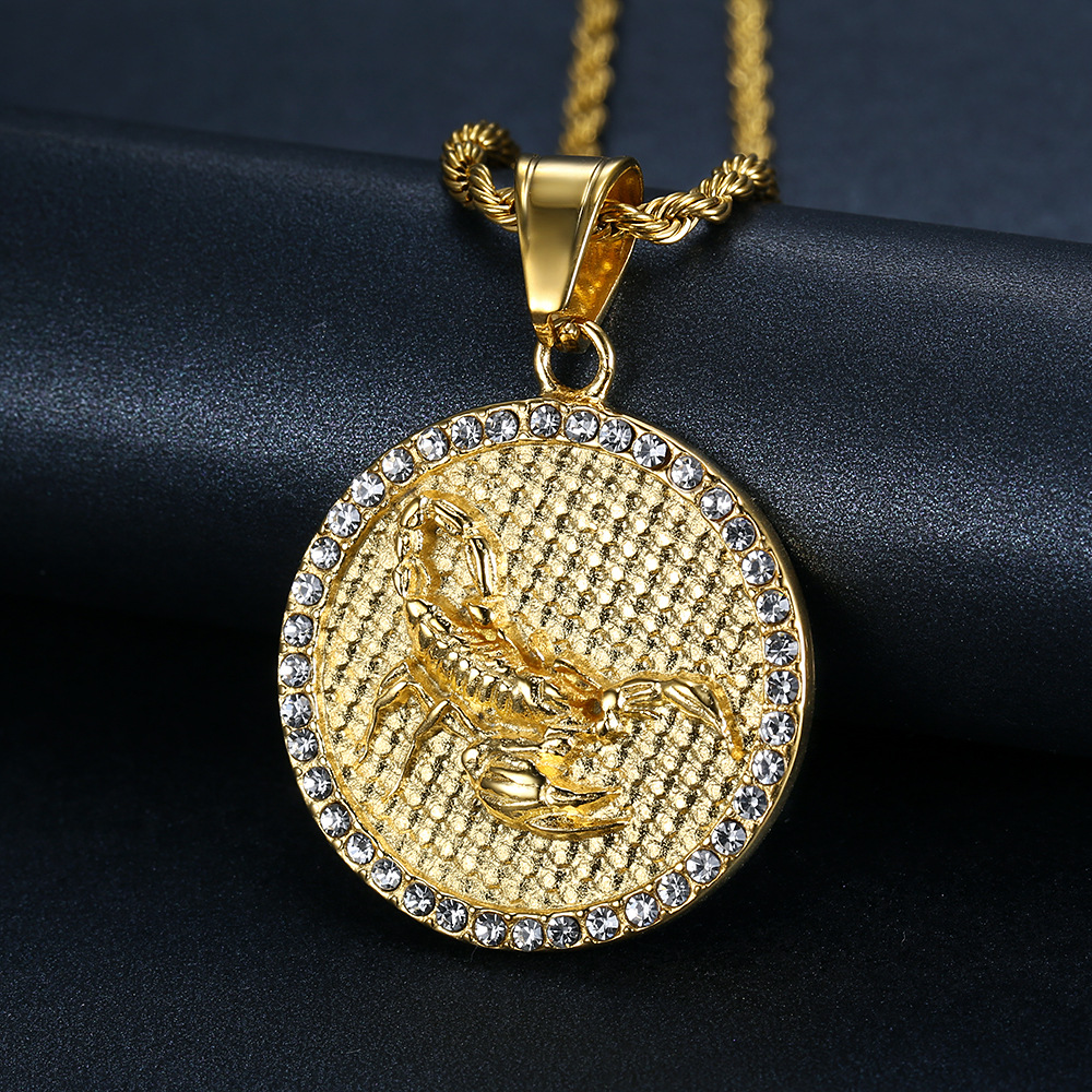 Retro 12 Constellations Round Pendant Necklace Stainless Steel 18K Gold Plated Jewelry Gift