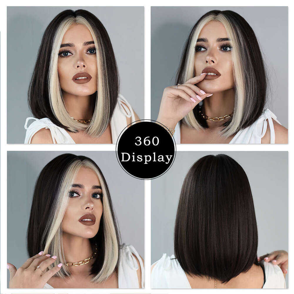 Women's Shoulder Length With Full Head Golden Highlights, Small T-Front Lace Wig, Synthetic Fiber Hand Woven Wig