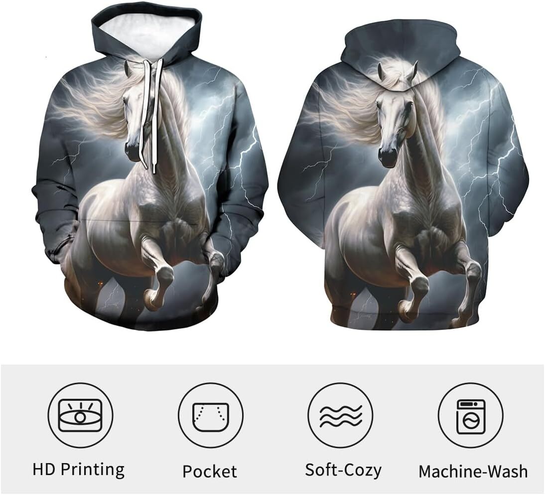 Hoodie for Mens Womens Unisex Funny White Horse Lightning Hoodies 3D Novelty Pattern Printed Graphic Hoodies sweatshirt Pullover Long Sleeve
