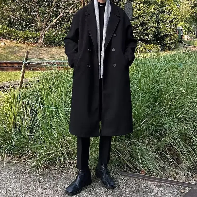 Medium-length Woolen Overcoat For Men Black Autumn Winter Thickened Jacket Trendy Korean Style Casual Clothes 241017