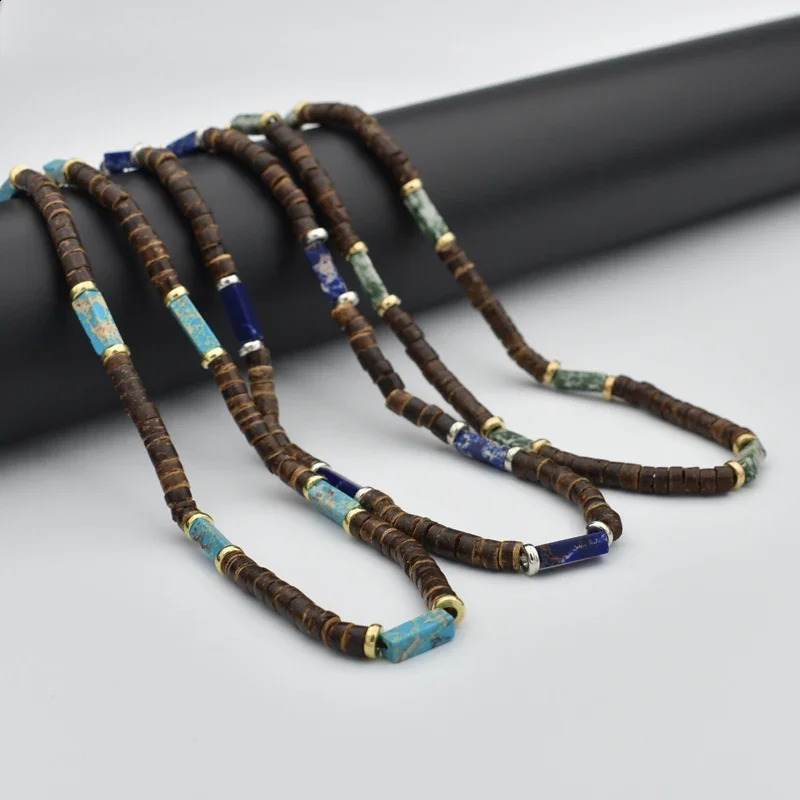 Retro pastoral style bead necklace mens natural coconut shell blue-green stone surfing necklace mens tribal jewelry gift 241017