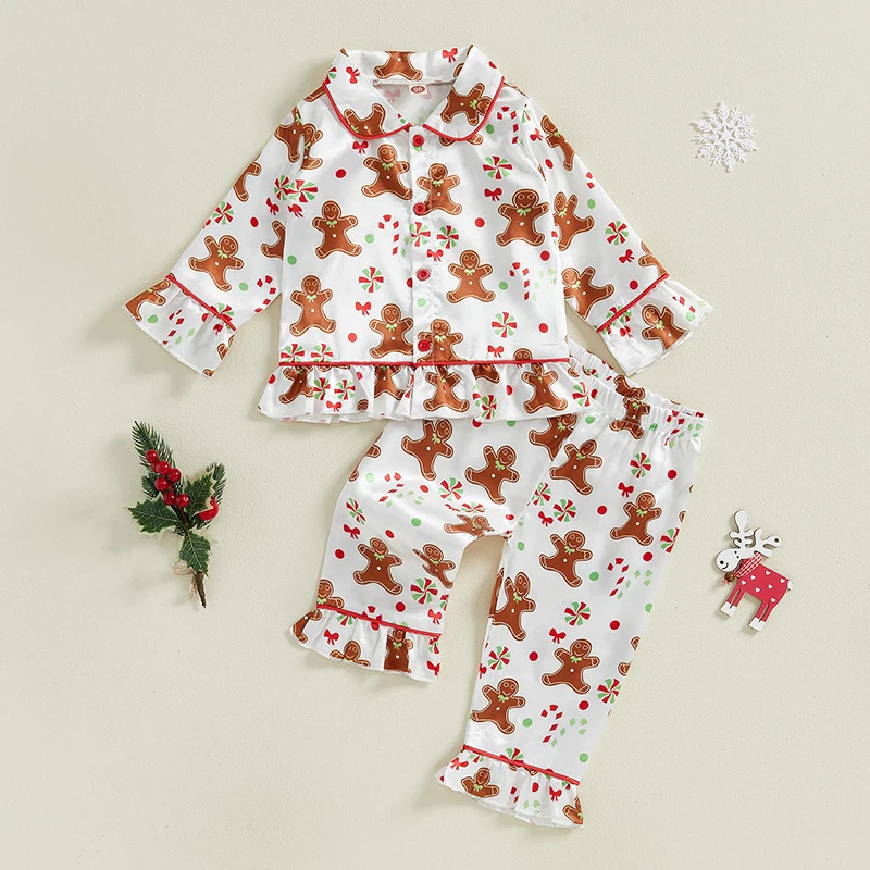 Baby Girl 2Pcs Christmas Pajamas Long Sleeve Gingerbread Print Shirt Pants Set Toddler Sleepwear 241017