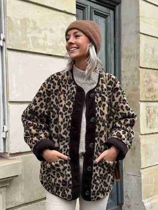 Women Jackets Coats Women's autumn and winter loose round neck leopard print lamb wool warm long sleeved jacket for women