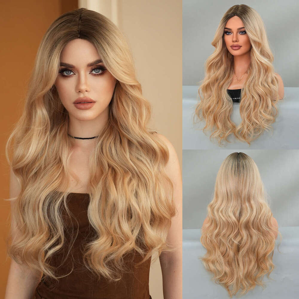 |Multiple Options | Fashionable Women's Mid Split Gradient Long Curly Hair Set With Large Wave Synthetic Wig