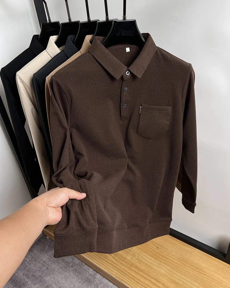 Light high-end brushed long sleeve T-shirt mens autumn fashion pocket thickened shirt collar polo shirt 241017