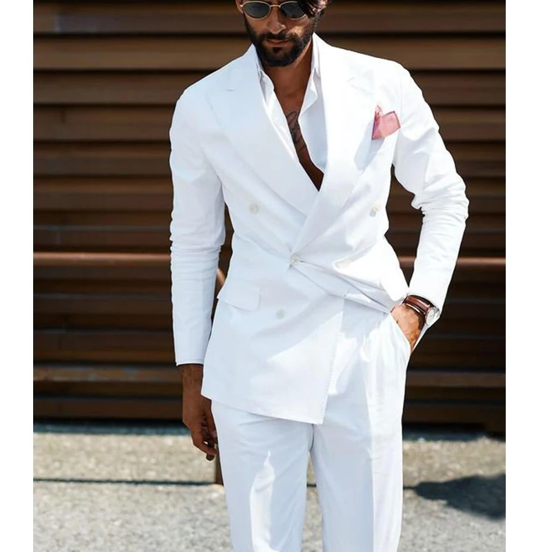 Men Suits Slim Fit Double Breasted Wedding Tuxedo for Groom 2 Piece White Formal Style Male Fashion Jacket with Pants 2024