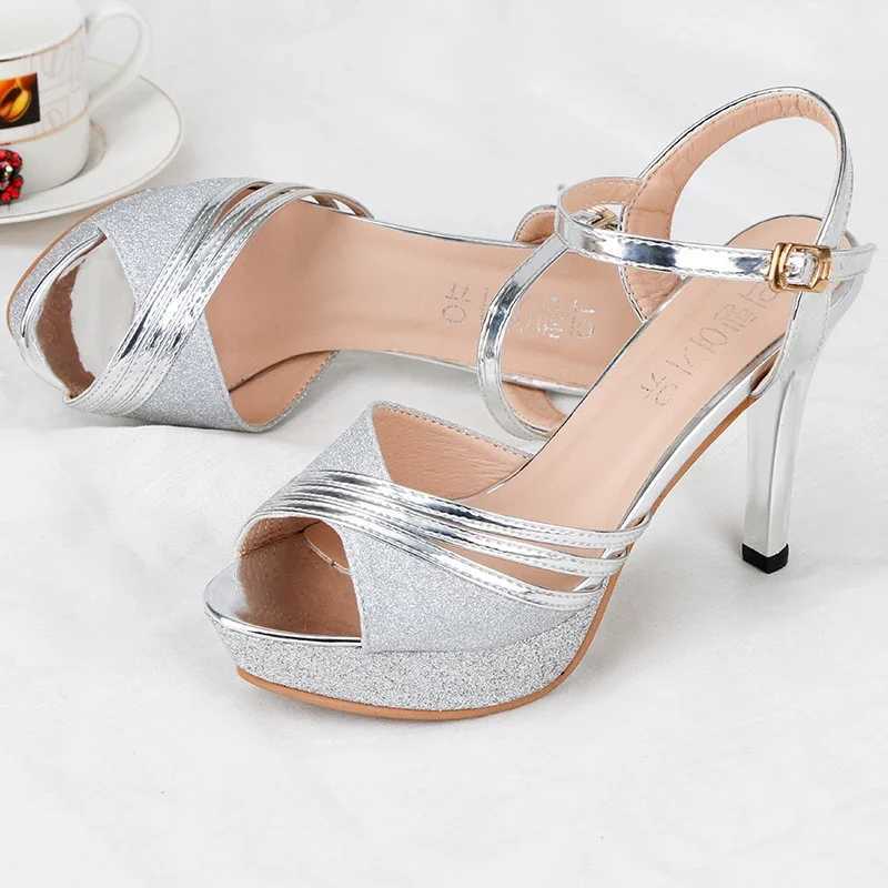 Womens Sandals 2020 Summer Womens Dress Shiny Wedding Silver High Heels Pump Women Zapatos Mujer 7217 Y241017
