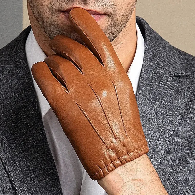 Men Business Sheepskin Leather Gloves Winter Full Finger Touch Screen Brown Gloves Riding Motorcycle Gloves 241016