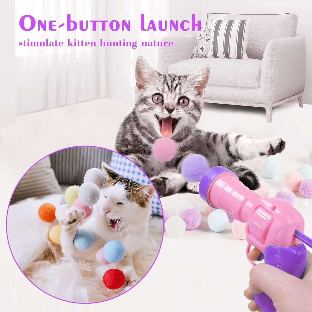 Mewlmart Interactive Kitty Indoor Pom Toy Plush Ball Launcher for Cats Puff Cat Enrichment Toys 30 Balls