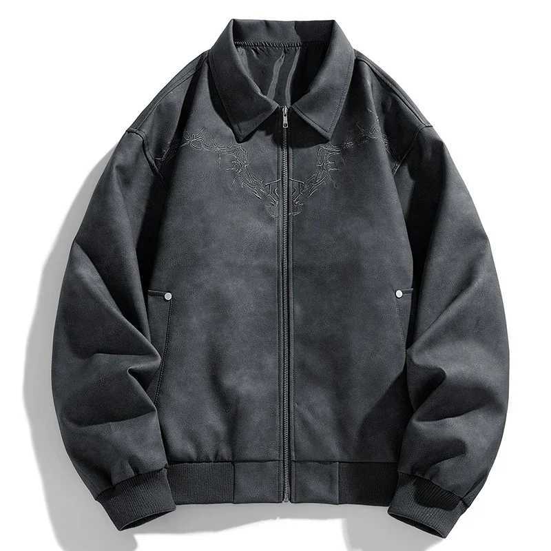 Leather Jacket Men Embroidery Fashion Biker Faux Leather Jackets Pu High Street Outwear Autumn Winter Coats Man Motocycle Jacket X241017