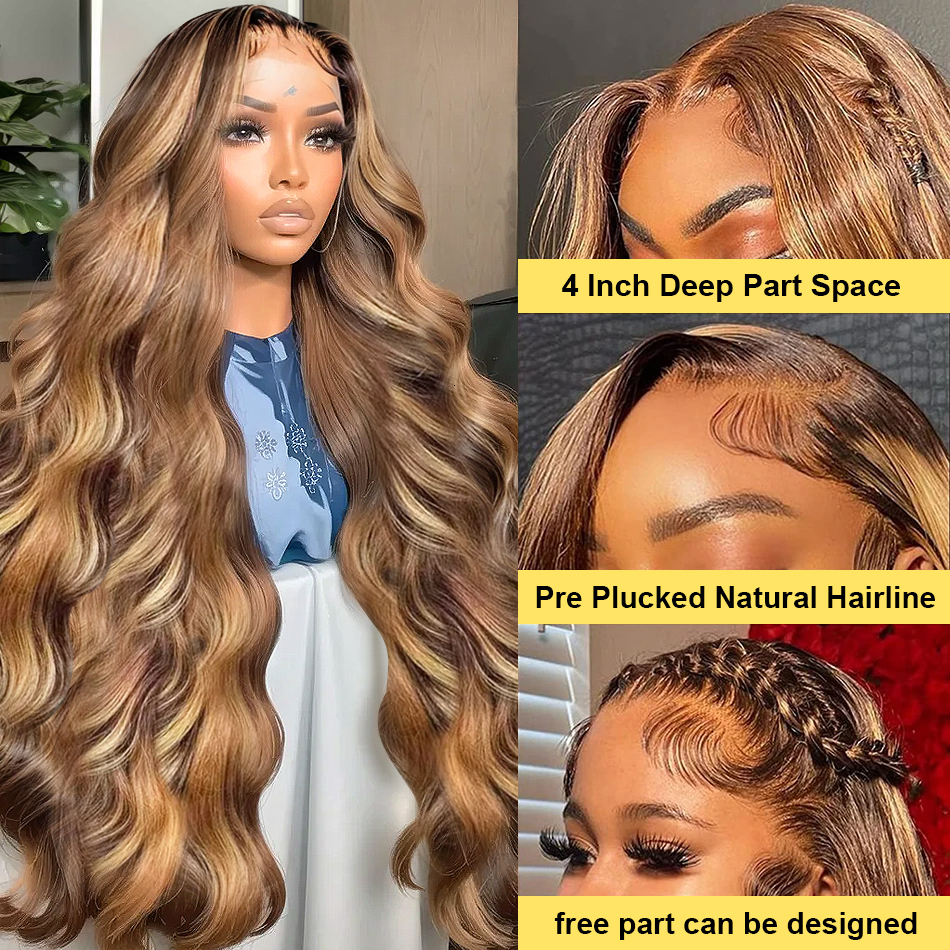 4/27 Highlight Brown Body Wave 13X4 Colored Front Human Hair Wigs Glueless 13X6 Ombre Blonde HD Lace Frontal Wig For Women
