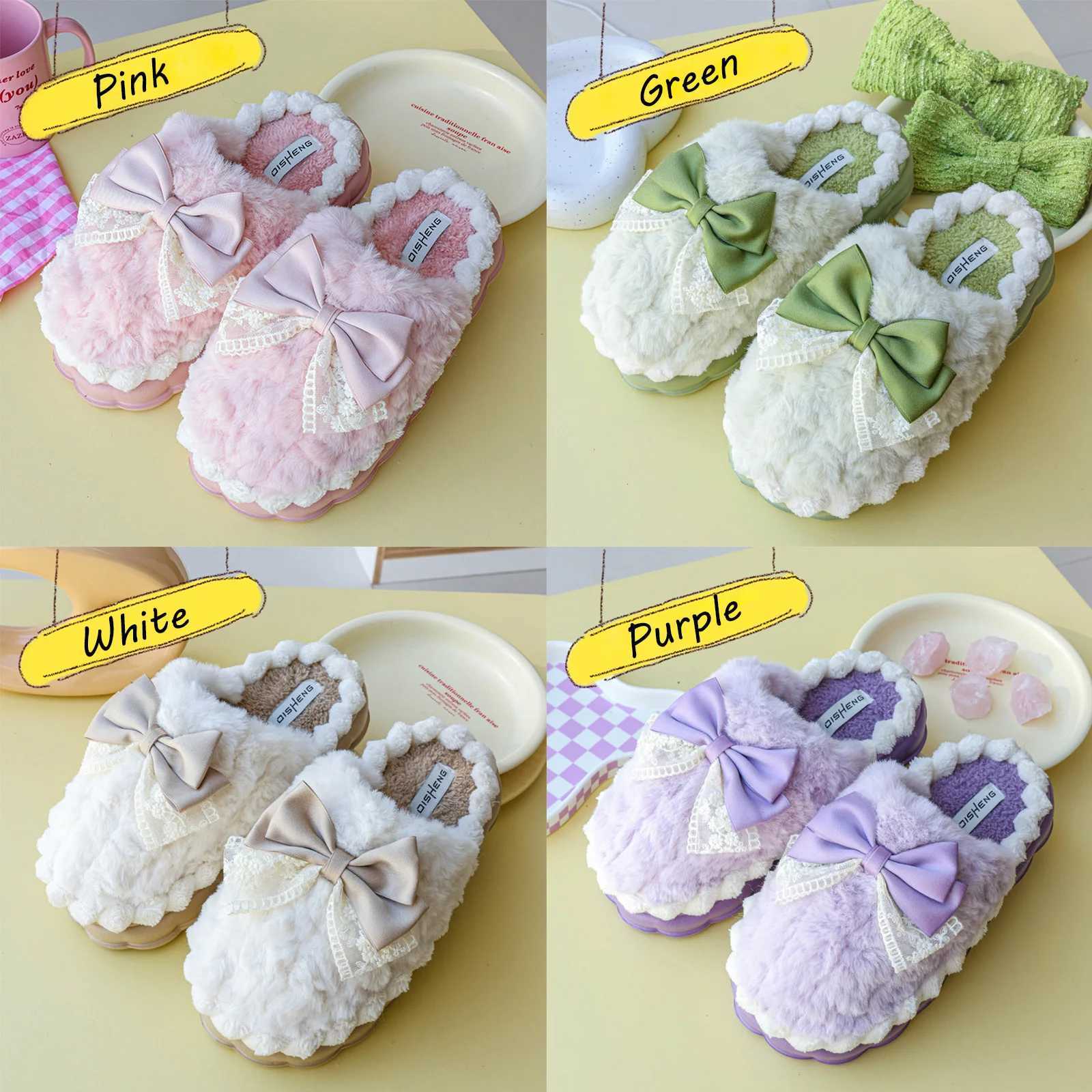 Soft Bow Winter Womens Slippers Home Cotton Shoes EVA Artificial Plush Fur 4cm Thick Platform Womens SandalsCL241017