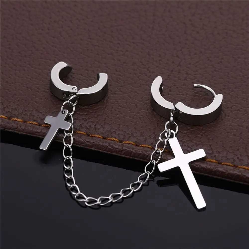 1 piece of fashionable punk cross clip earrings suitable for teenagers women men earrings cuffs jewelry vintage metal chains tassel earrings W241017