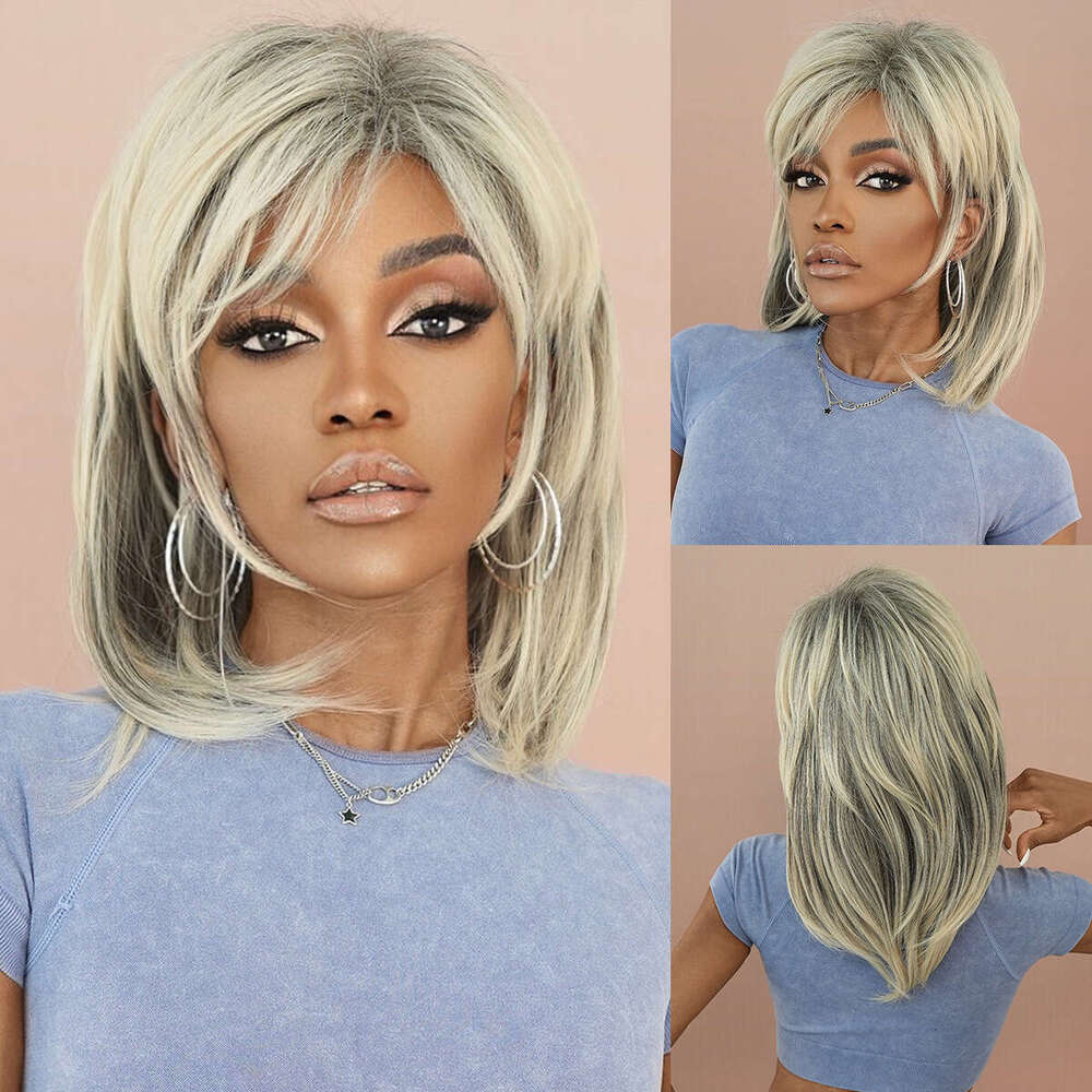 Black Women's Layered Wig, Beige Imitation 70S High Temperature Silk Synthetic Shoulder Length Wig