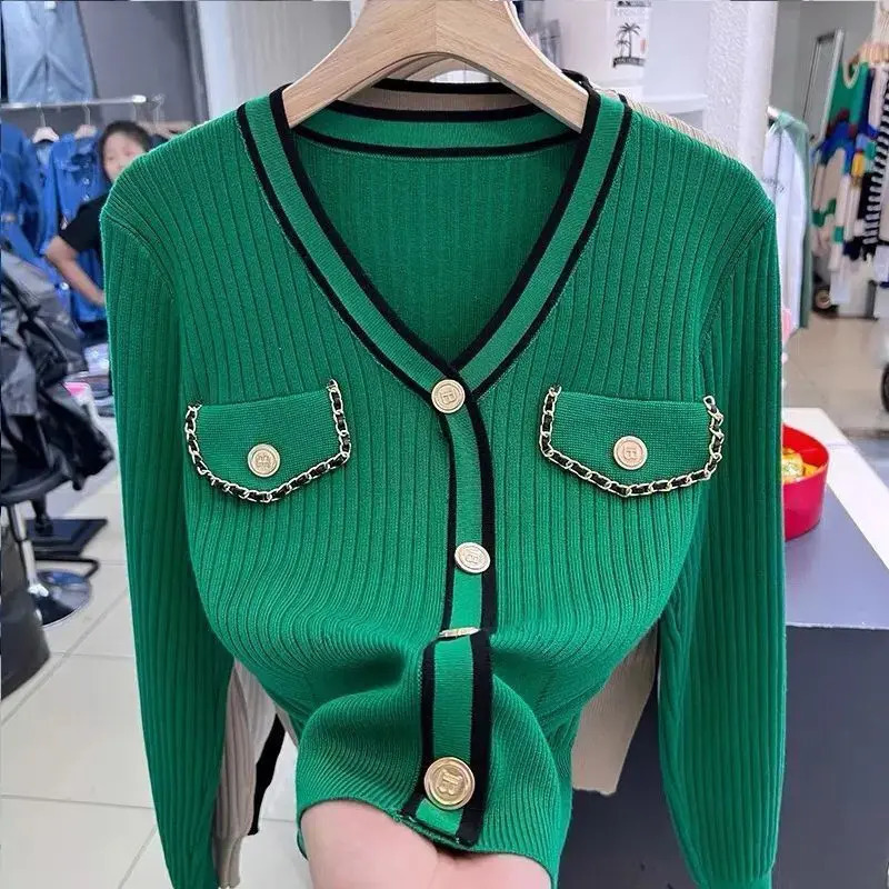 Womens clothing spring and autumn style long sleeved button down zipper fashionable and elegant temperature V-neck knitted ultra-thin short sweater 24