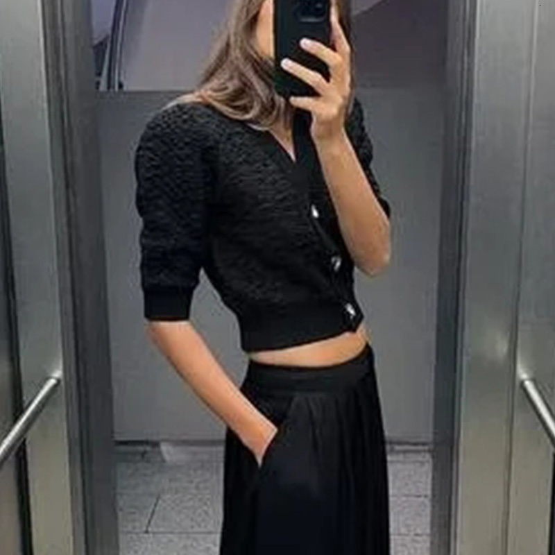 Knitted Cardigan Women's Knitwear Black Short Sleeve Cropped Tops Solid Sext Elegant 2024 Summer Inszartrafz Woman Jumper